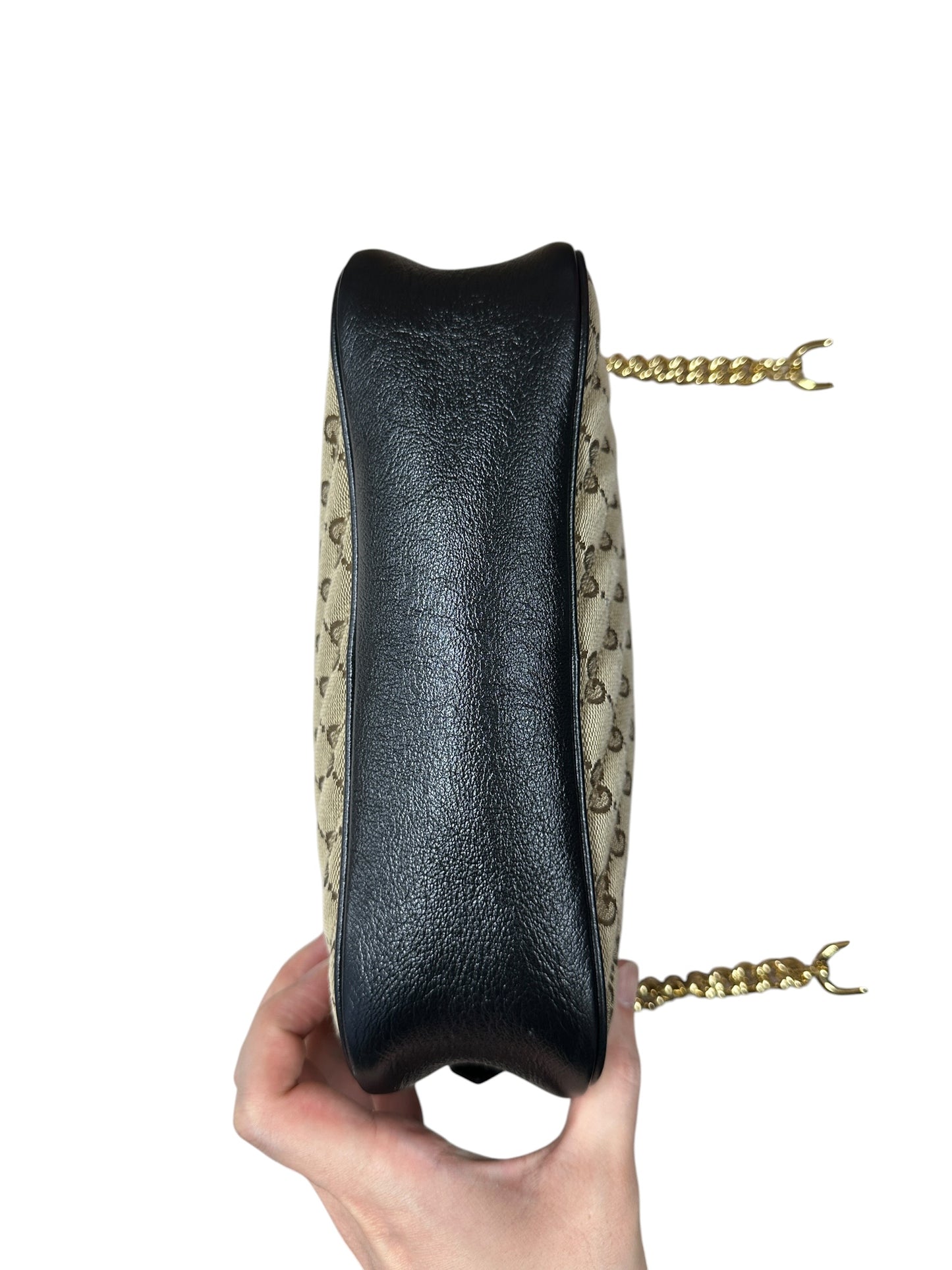 GUCCI GG Canvas Chain Shoulder Bag Beige Black Gold Hardware GU593