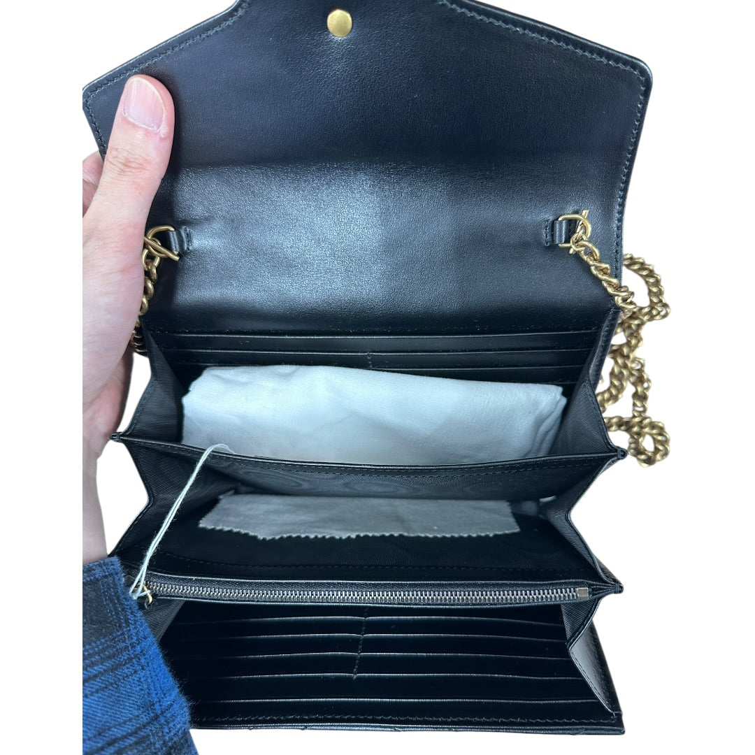 GUCCI Matelasse Leather GG Marmont Mini Wallet on Chain Crossbody Bag Black Gold Hardware GU603