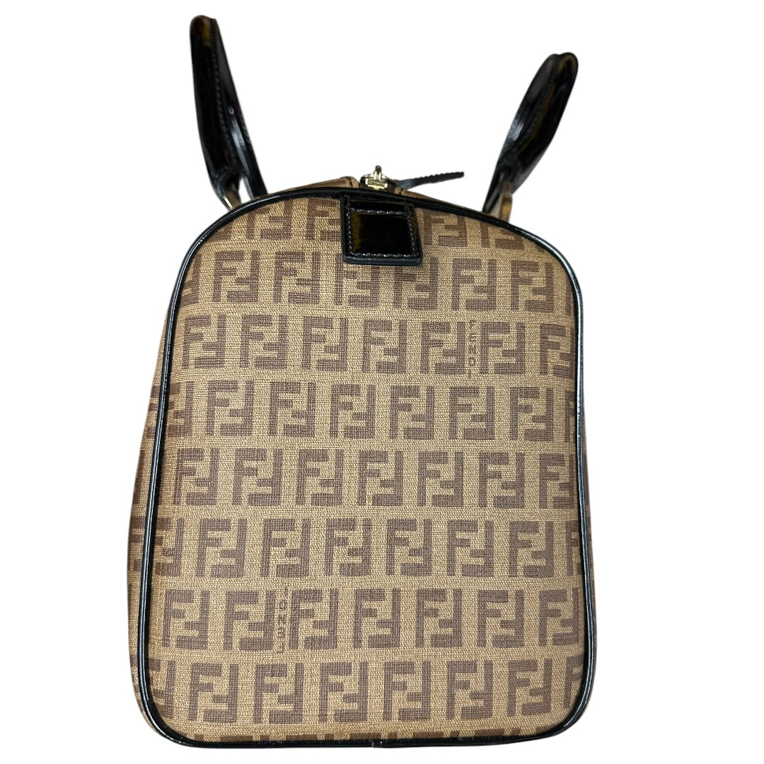 FENDI Zucchino Canvas Boston Handbag Brown Patent Trim Gold Hardware FE376