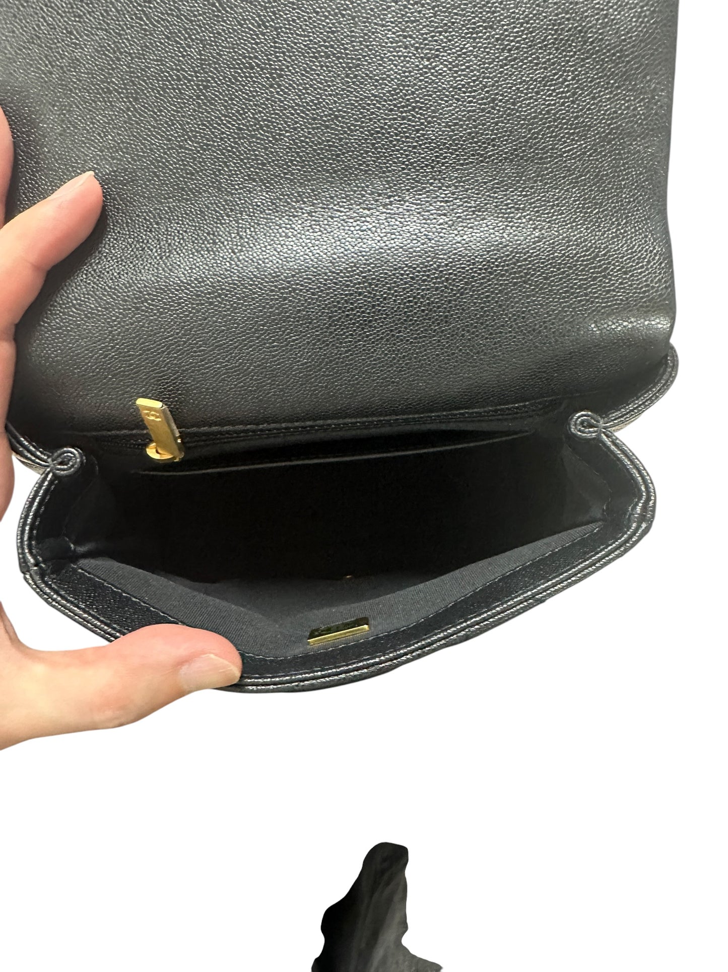 CHANEL Caviar Matelasse 20 Top Handle Bag Black Gold Hardware CH2150