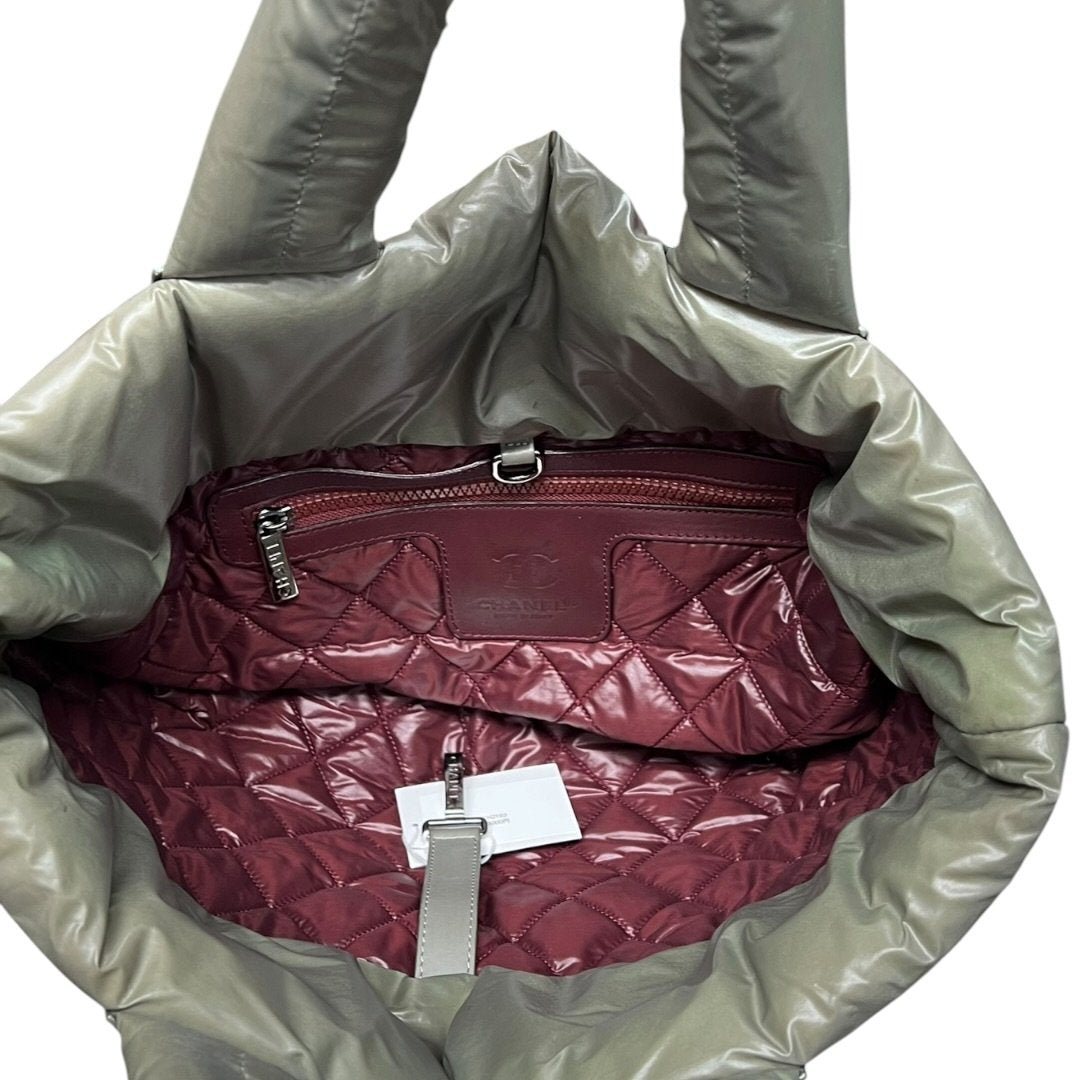 CHANEL Padded Nylon Coco Cocoon Tote Bag Khaki (exterior) / Burgundy (interior) Silver Hardware CH2163