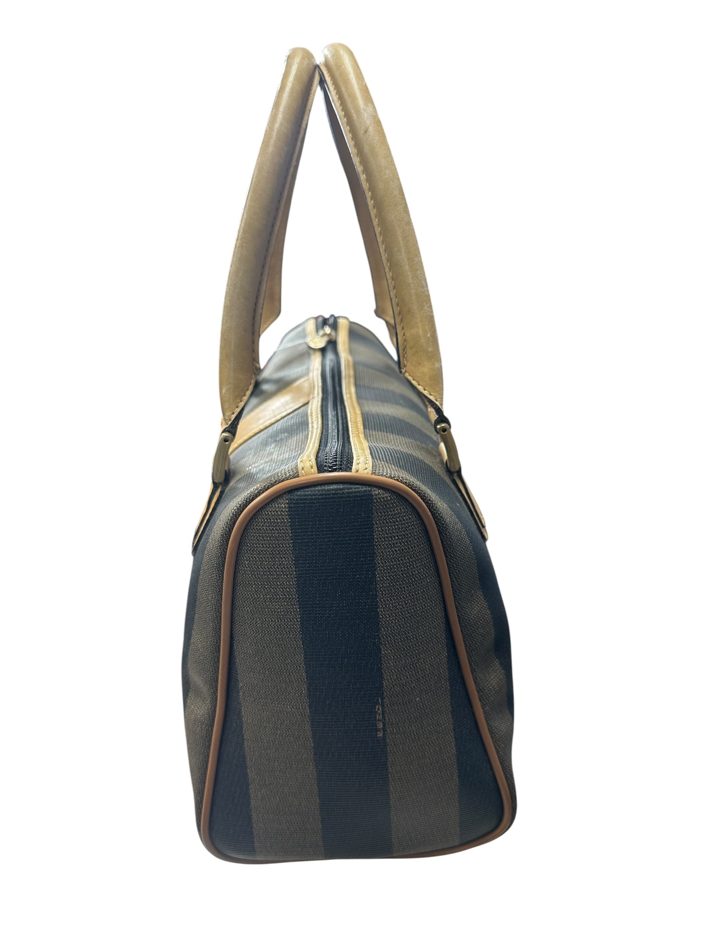 FENDI Pequin Stripe Mini Boston Handbag Brown Black Gold Hardware FE389