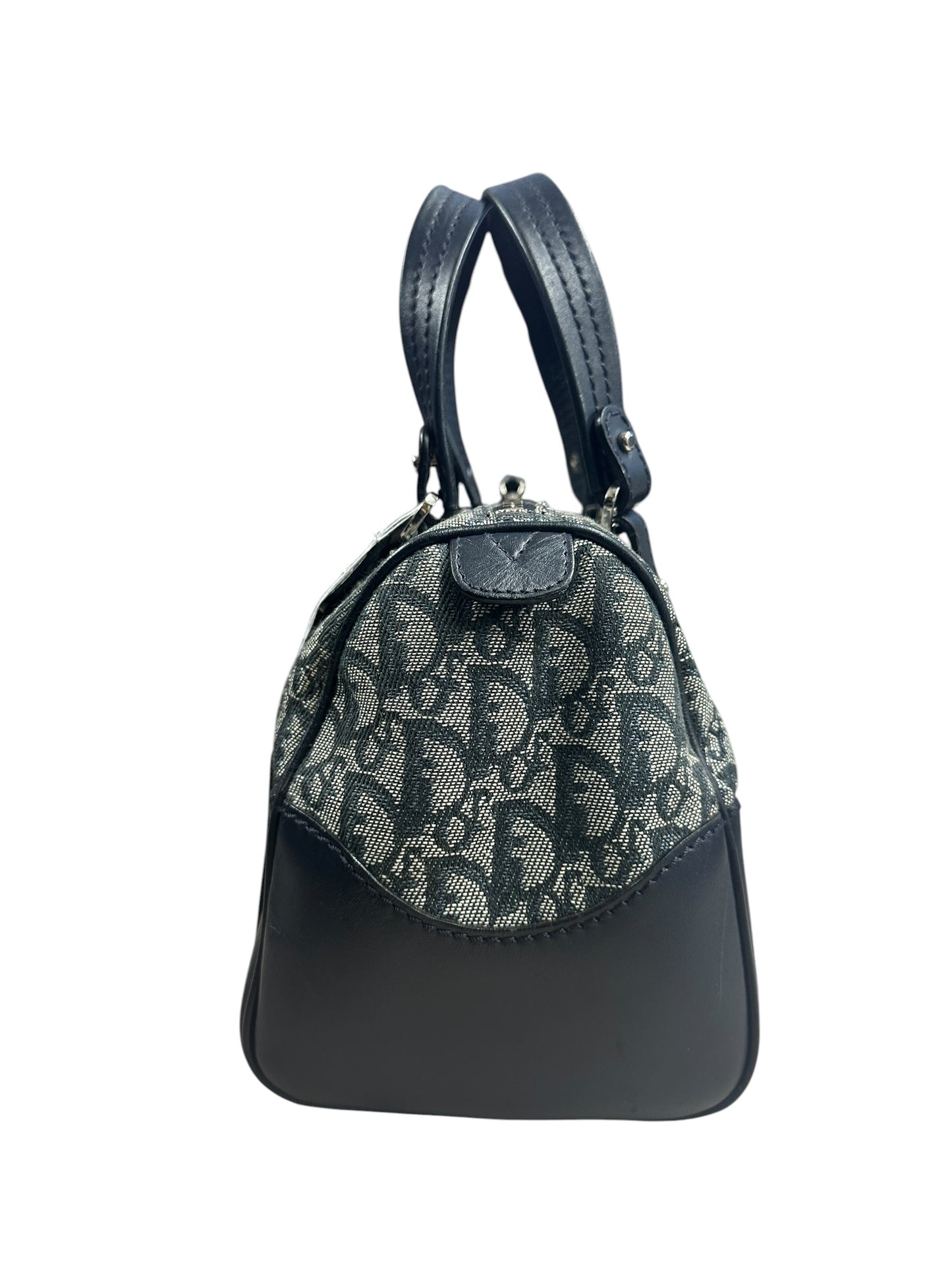 CHRISTIAN DIOR Trotter Jacquard Boston Handbag Navy Silver Hardware CH2206