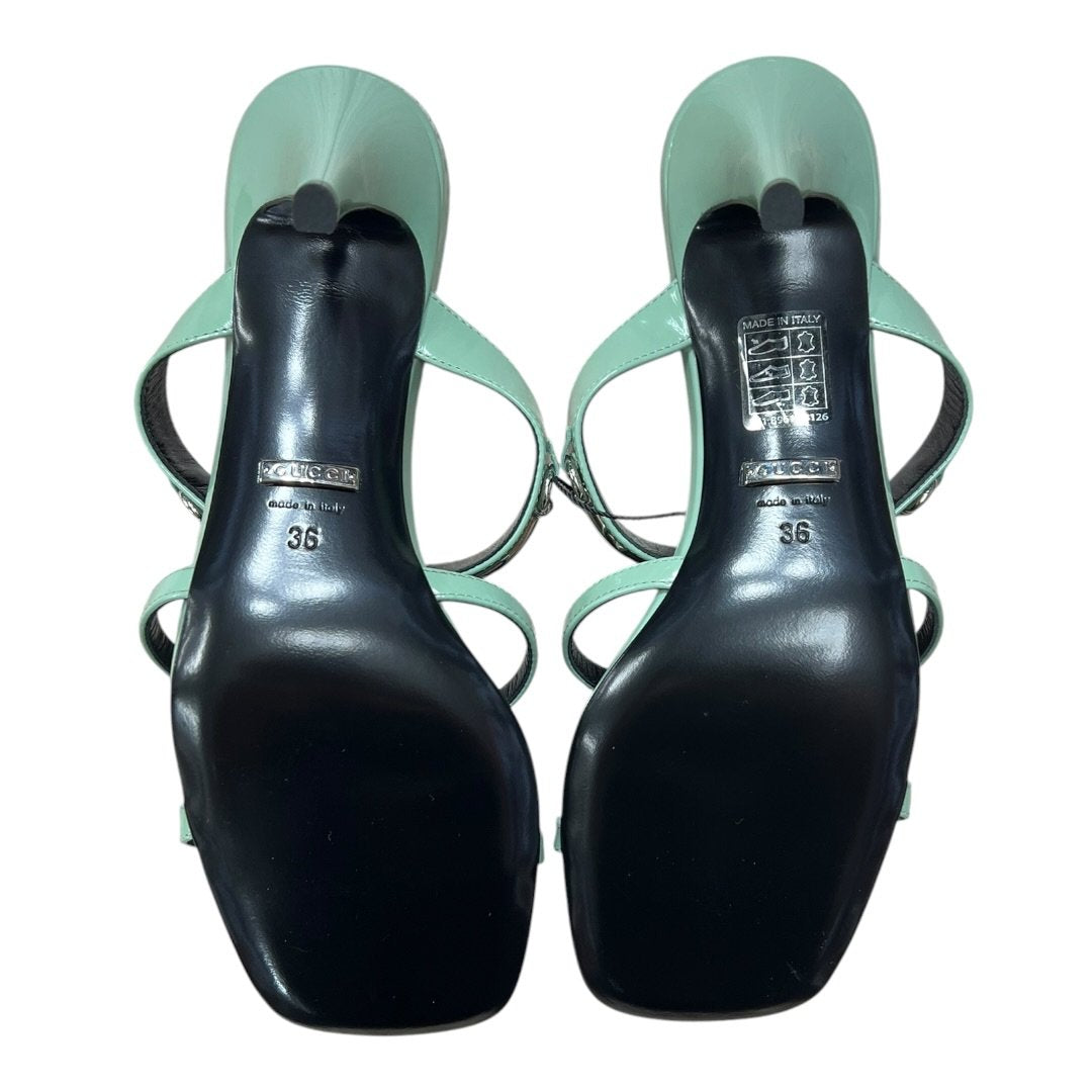 GUCCI Patent Leather Horsebit Heeled Sandals Mint Green Silver Hardware NJ138