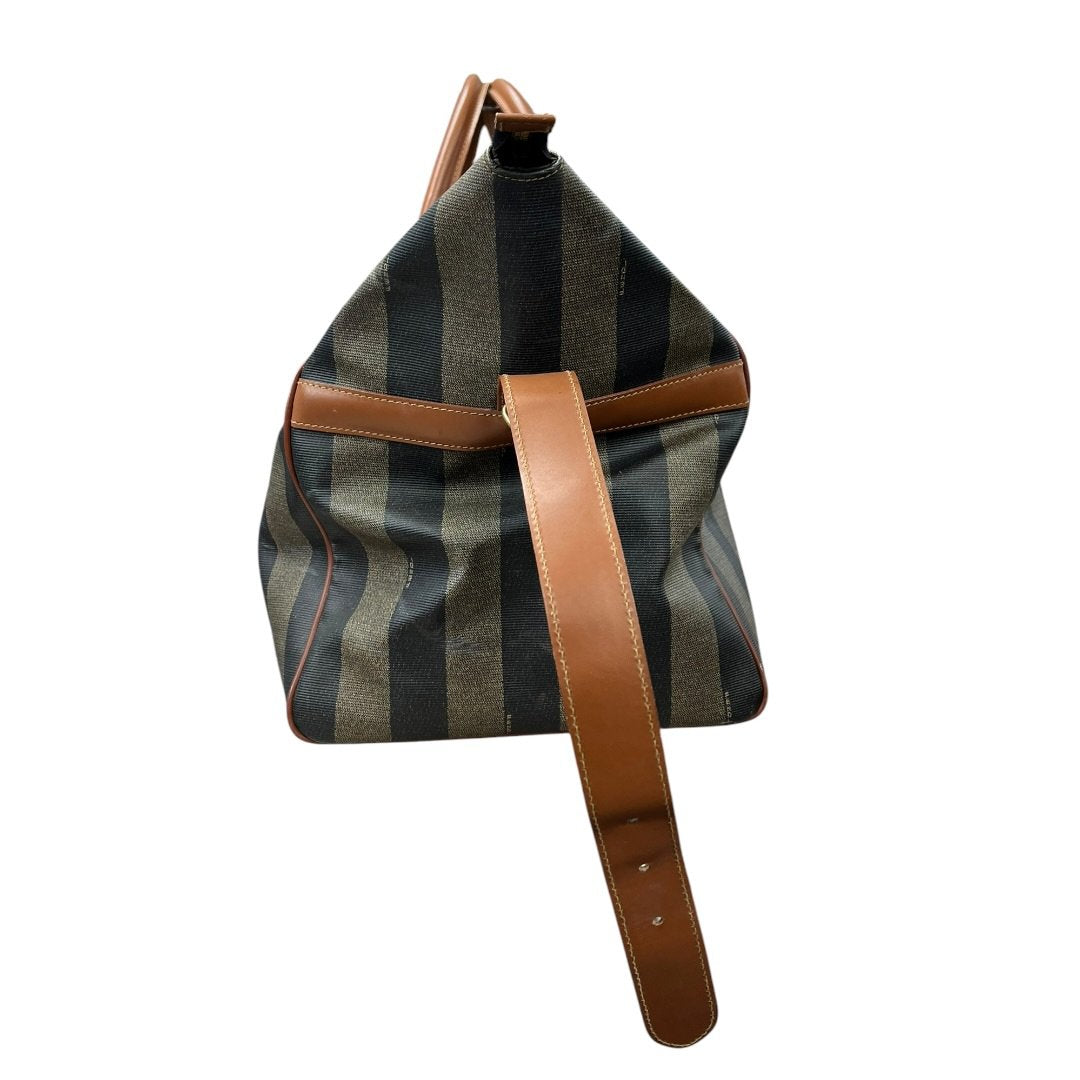FENDI Coated Canvas Pequin Stripe Duffle Bag Duffle Bag Brown and Black with Tan Leather Trim Gold Hardware NJ118