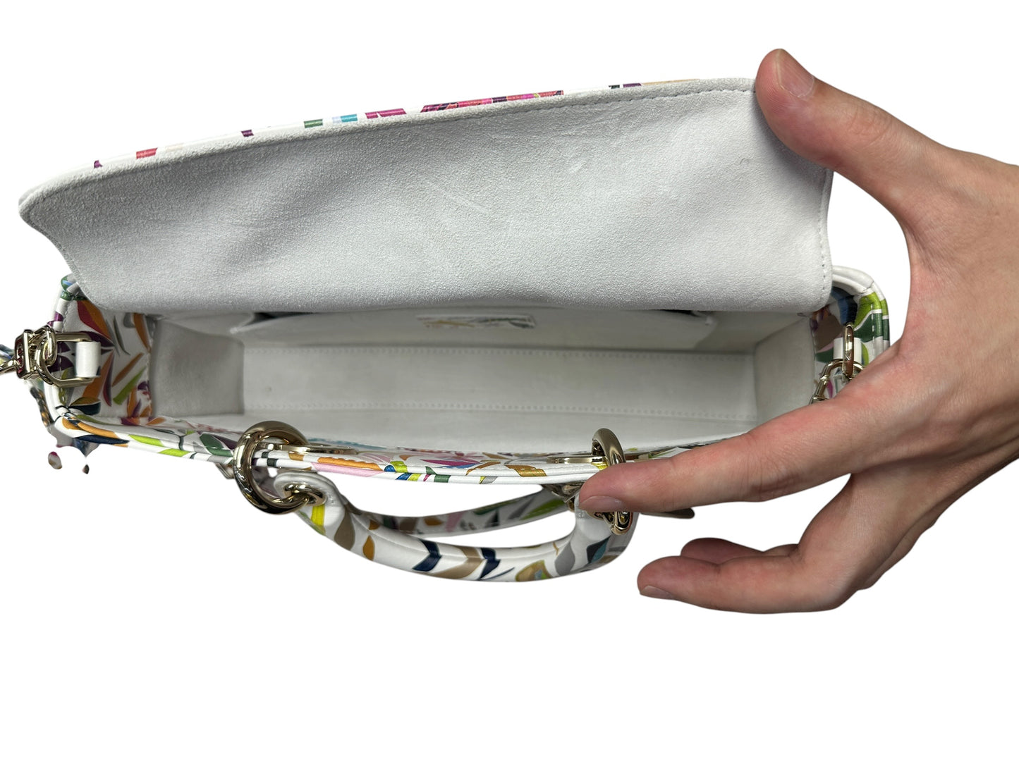 Christian Dior Printed Leather Tropical Print Top Handle Bag Handbag White, Multi-color Silver Hardware JU218