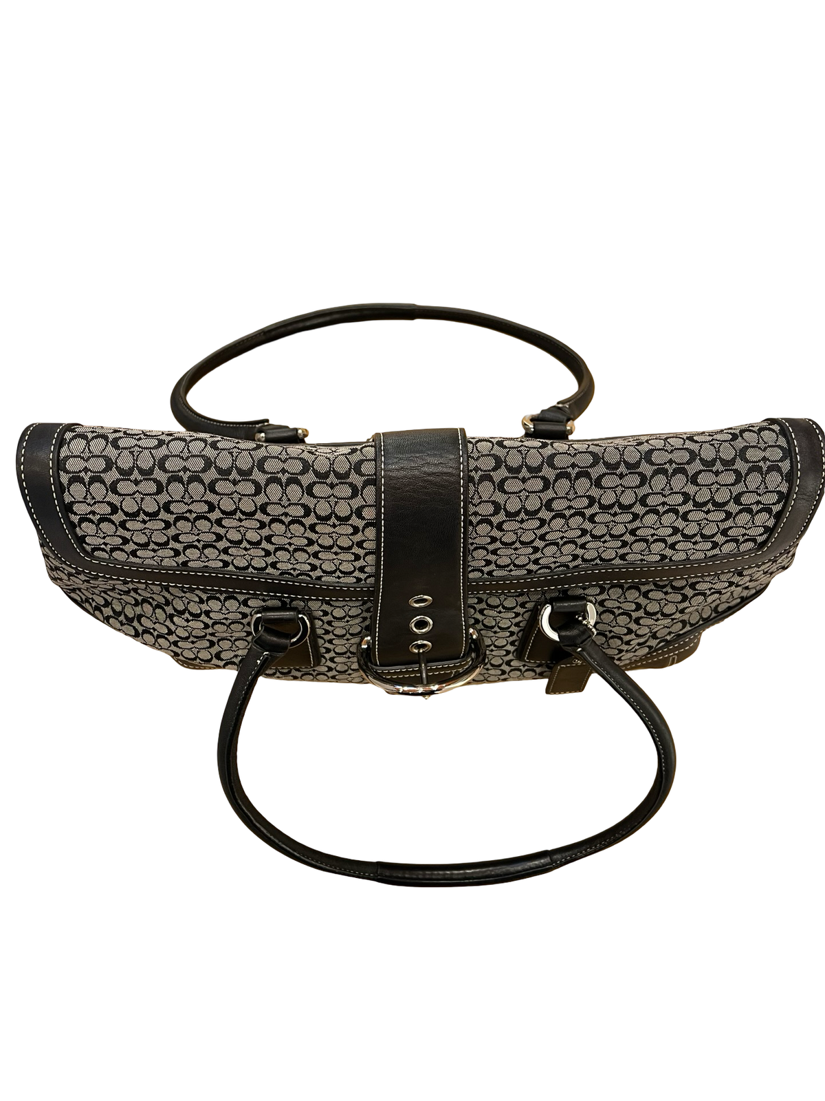 COACH Canvas, Leather Signature Buckle Flap Shoulder Bag Black, Grey Silver Hardware CO73