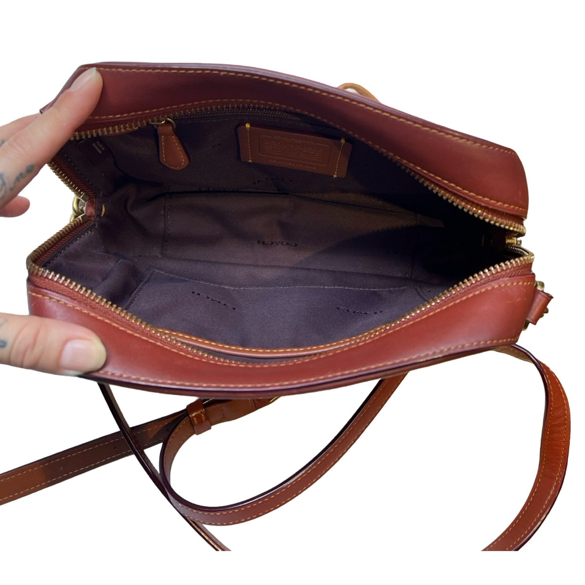 COACH Canvas & Leather Camera Bag Crossbody Bag Brown, Rust Brass Hardware CO42