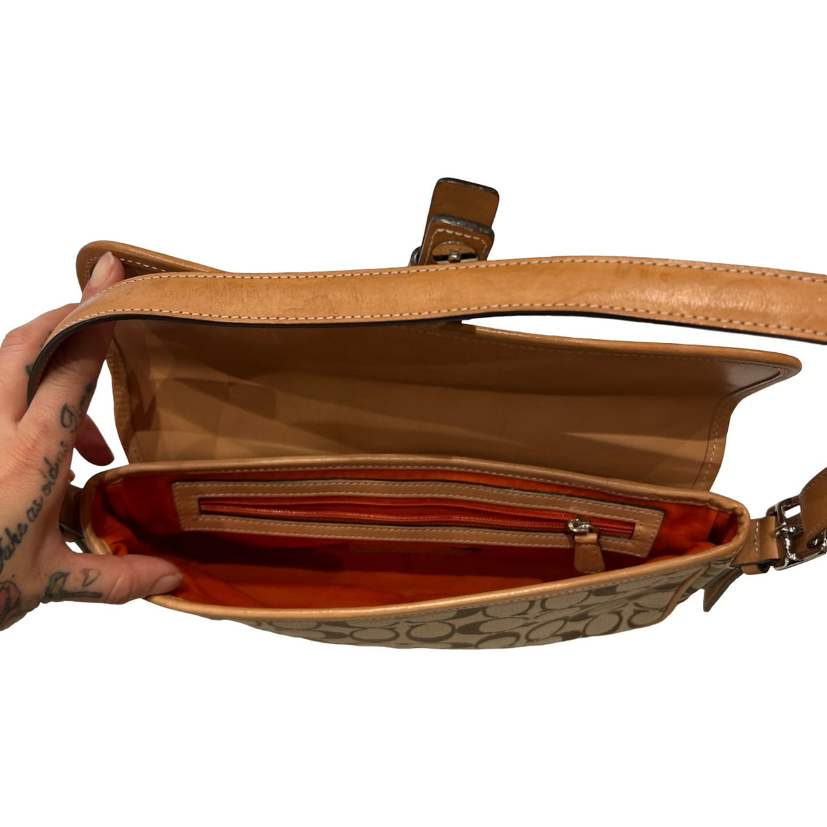 COACH Canvas/Leather Signature Shoulder Bag Shoulder Bag Brown, Tan Silver Hardware CO56