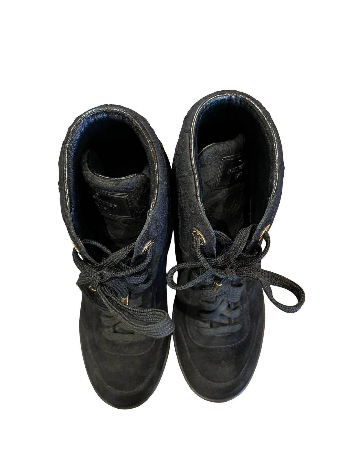 NJ Suede Monogram High-Top Wedge Sneaker Black Gold Hardware Nj182