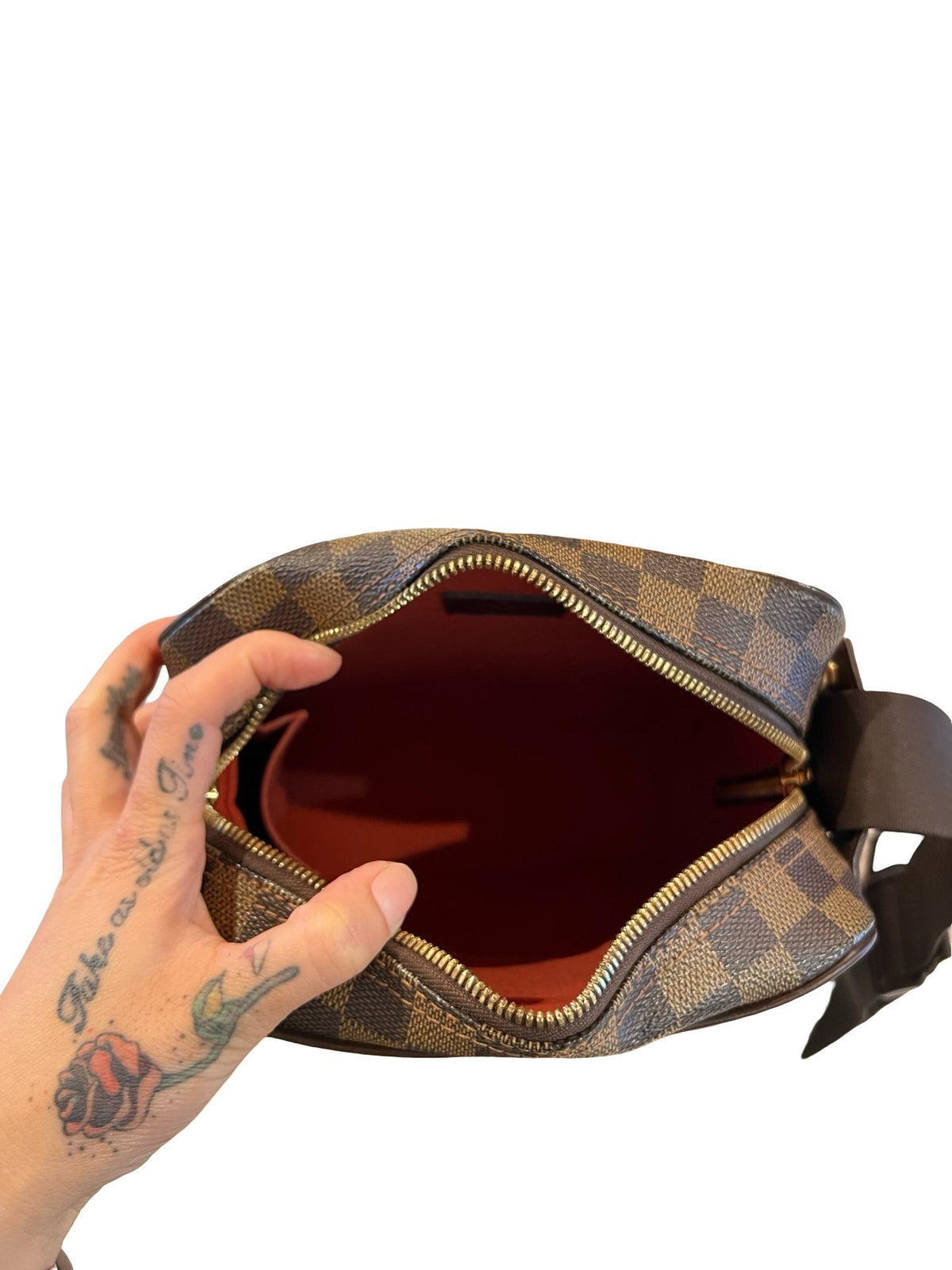 LOUIS VUITTON Damier Ebene Olav PM Shoulder Bag Brown, Red Gold Hardware Lo2388
