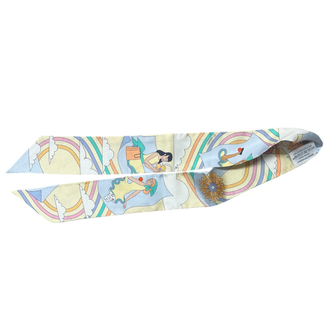 HERMES Twilly Carres Volants Silk Scarf Cream Blue Multicolor HE437