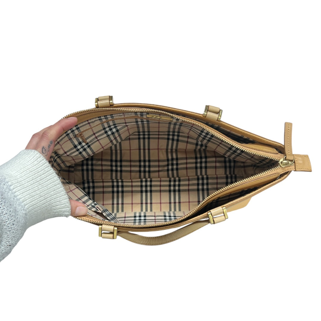 BURBERRY Leather Tote Bag Beige Nova Check Lining Handbag BU1216