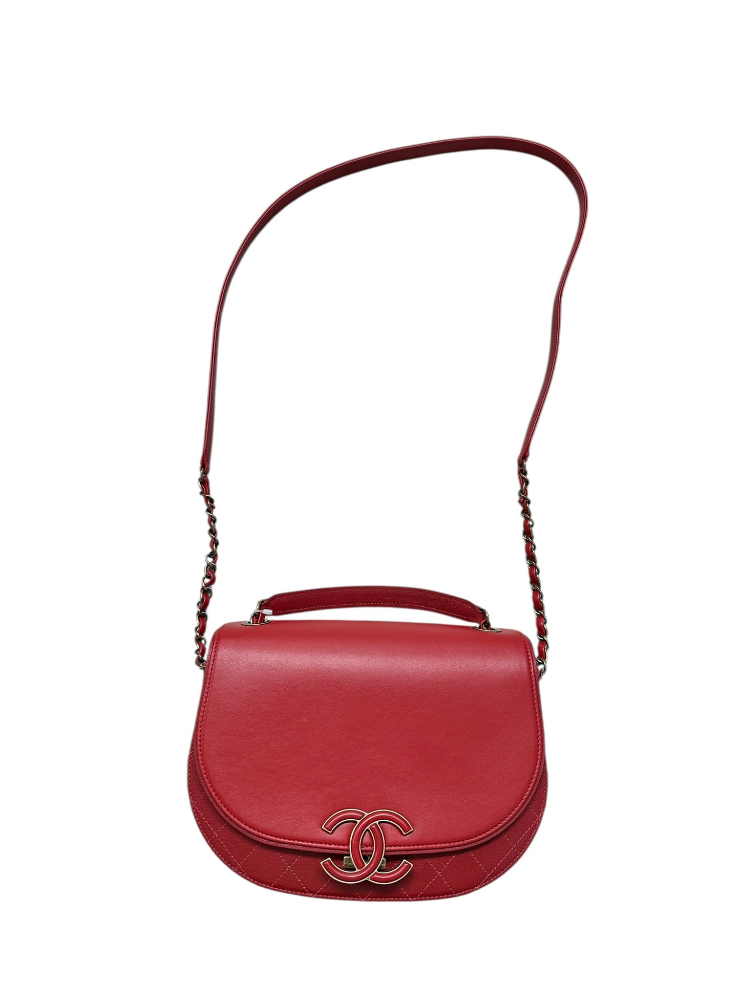 Chanel Top Handle Saddle Messenger Flap Bag Quilted Leather Red CH1781