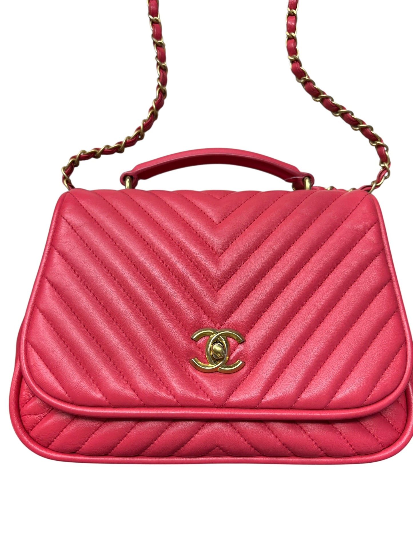 Chanel Chevron Top Handle Flap Bag Leather Pink -CH1936