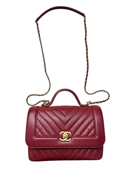 Chanel Chevron Top Handle Flap Bag Leather Red -CH1975