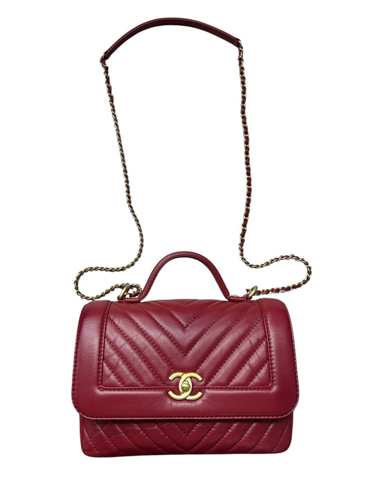 Chanel Chevron Top Handle Flap Bag Leather Red -CH1975