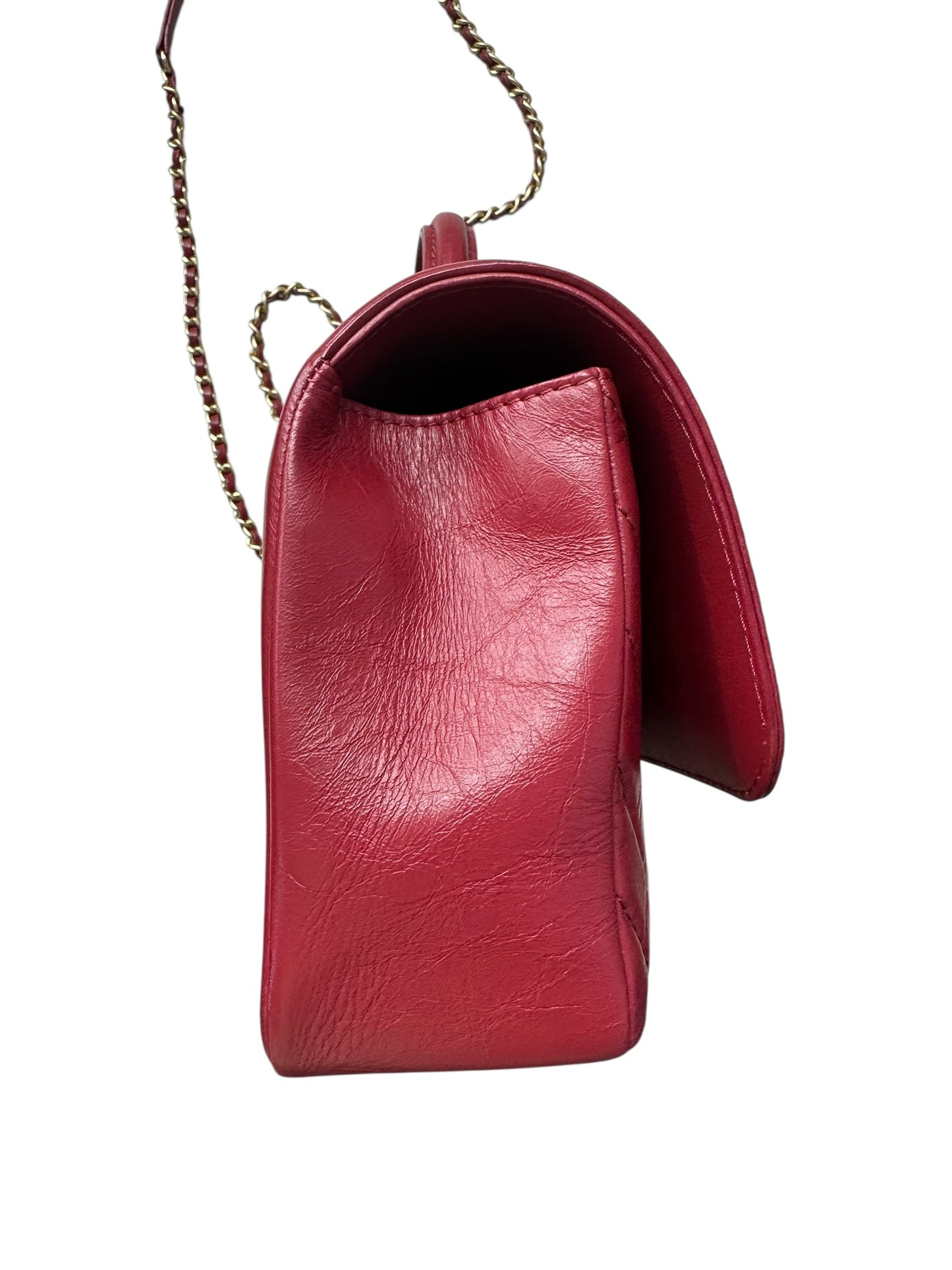 Chanel Chevron Top Handle Flap Bag Leather Red -CH1975