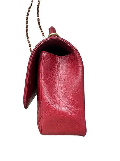 Chanel Chevron Top Handle Flap Bag Leather Red -CH1975