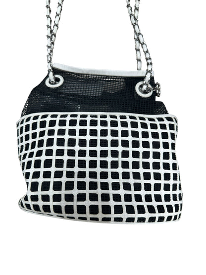 CHANEL Mesh and Leather Grid Bucket Bag Black White Silver Hardware CH2058