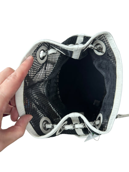 CHANEL Mesh and Leather Grid Bucket Bag Black White Silver Hardware CH2058