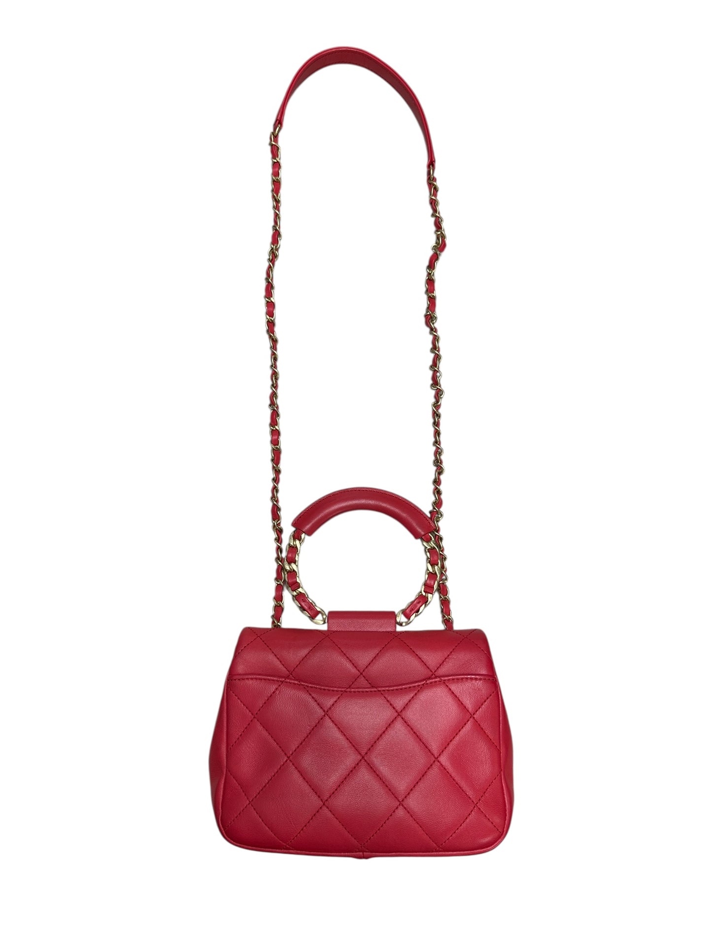 CHANEL Quilted Top Handle Flap Bag Red Lambskin Gold Hardware CH2064