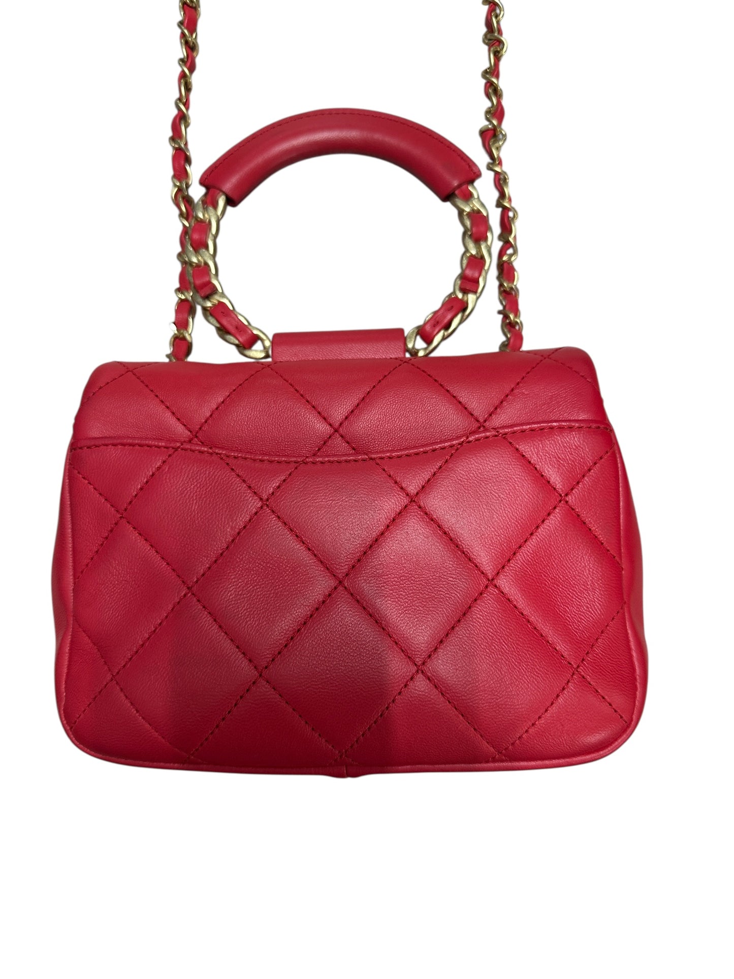 CHANEL Quilted Top Handle Flap Bag Red Lambskin Gold Hardware CH2064