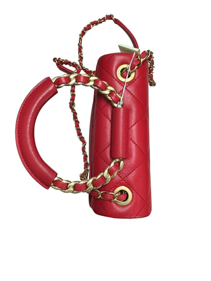 CHANEL Quilted Top Handle Flap Bag Red Lambskin Gold Hardware CH2064
