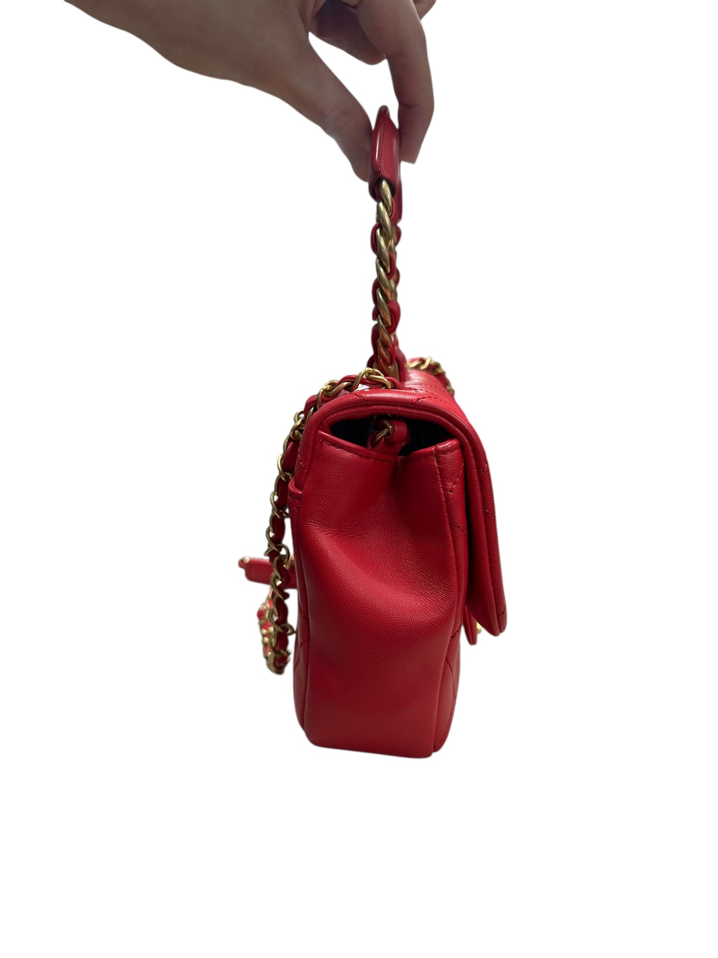 CHANEL Quilted Top Handle Flap Bag Red Lambskin Gold Hardware CH2064