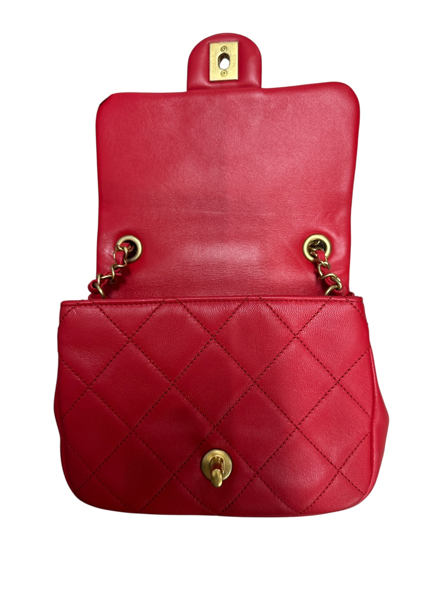 CHANEL Quilted Top Handle Flap Bag Red Lambskin Gold Hardware CH2064