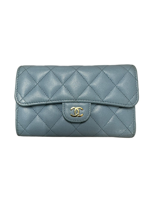 CHANEL Classic Quilted Long Flap Wallet Light Blue Caviar Leather Gold Hardware CH2068
