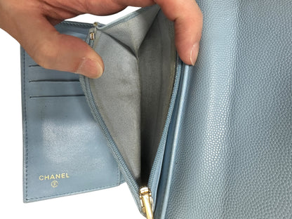 CHANEL Classic Quilted Long Flap Wallet Light Blue Caviar Leather Gold Hardware CH2068