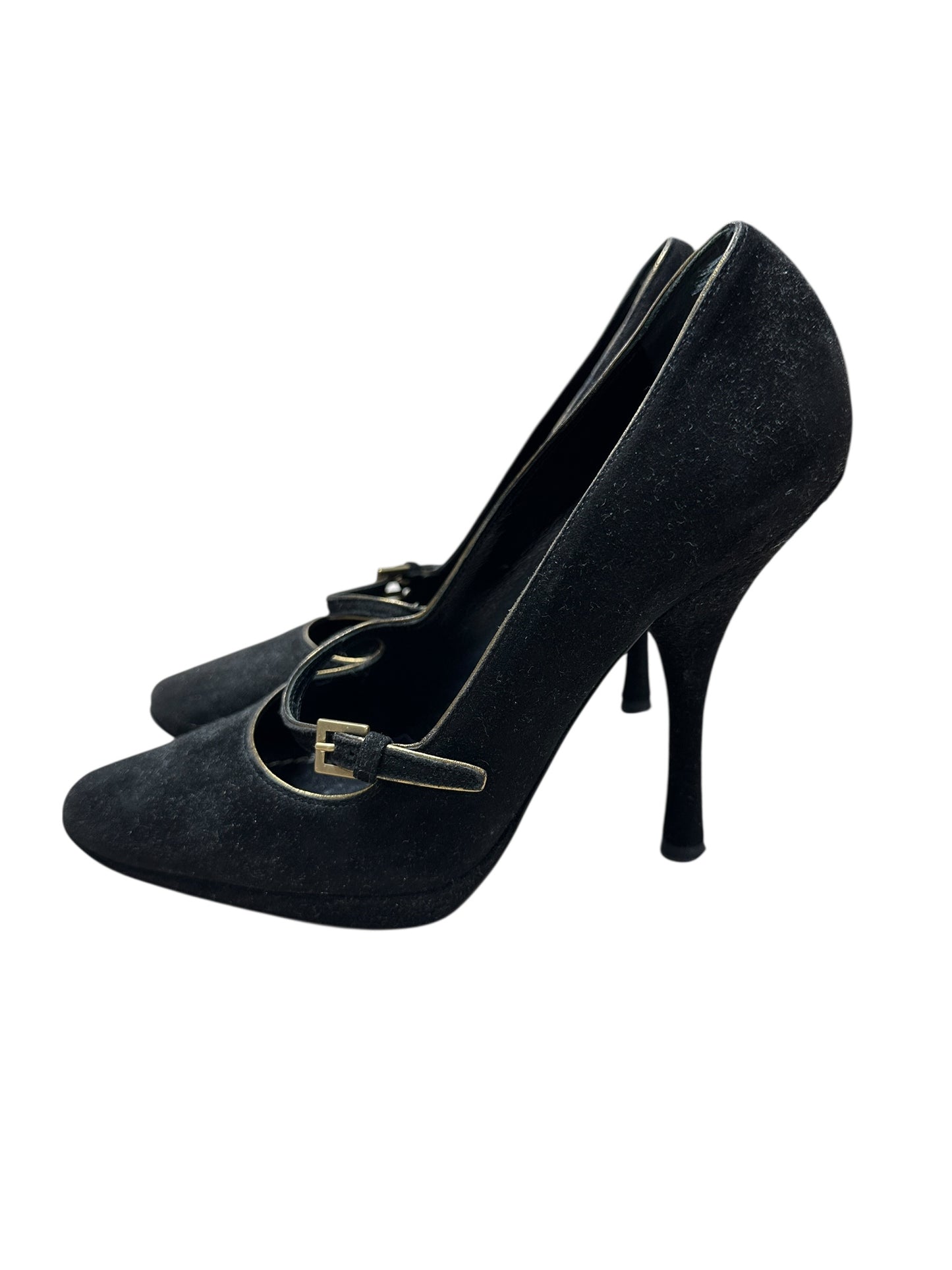 LOUIS VUITTON Suede High Heel Pumps Black Gold Hardware LO2029