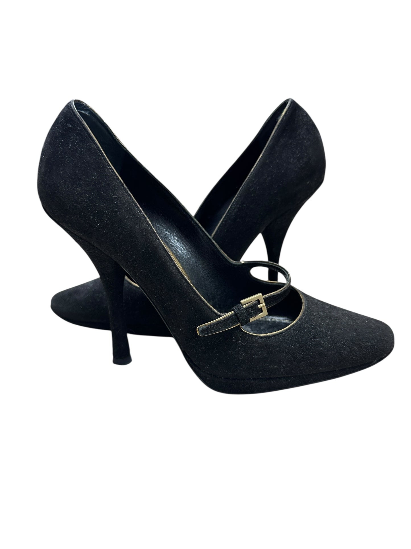 LOUIS VUITTON Suede High Heel Pumps Black Gold Hardware LO2029