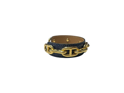 Hermès Chaine d'Ancre Exotic Leather Cuff Bracelet Bangle Navy / Gold HE440