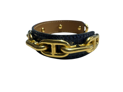 Hermès Chaine d'Ancre Exotic Leather Cuff Bracelet Bangle Navy / Gold HE440