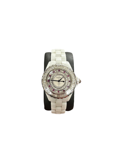 Chanel J12 White Ceramic Quartz Watch with Baguette Stone Bezel & Dial KA392