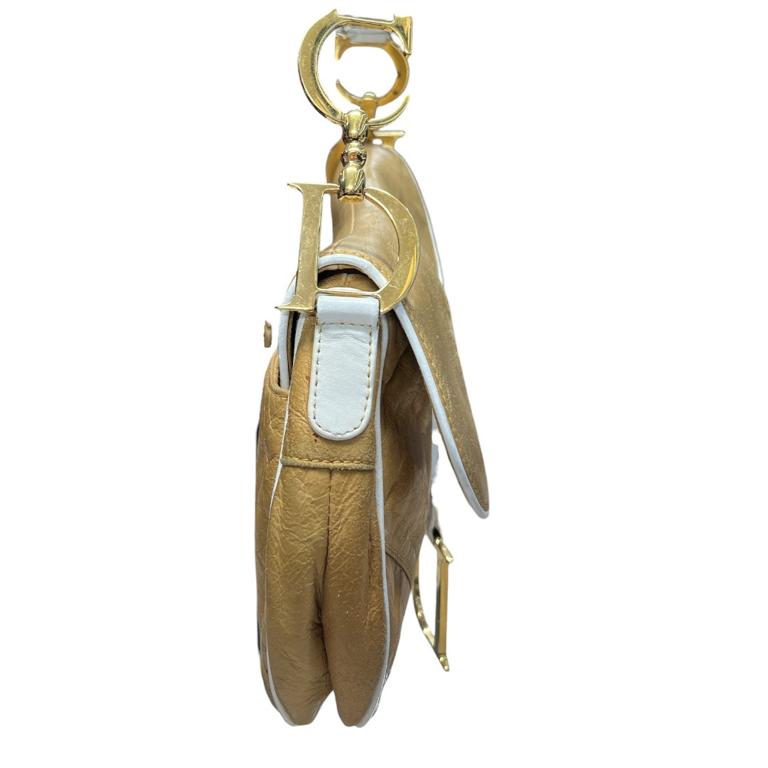 CHRISTIAN DIOR Leather Saddle Shoulder Bag Beige/White Gold Hardware Ch2104