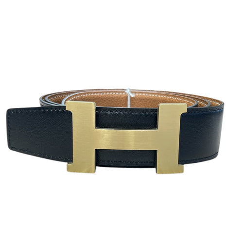 HERMES Leather H Constance Reversible Belt Black/Brown Gold Hardware HE441