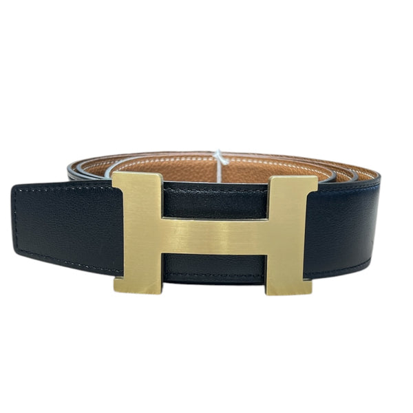 HERMES Leather H Constance Reversible Belt Black/Brown Gold Hardware HE441