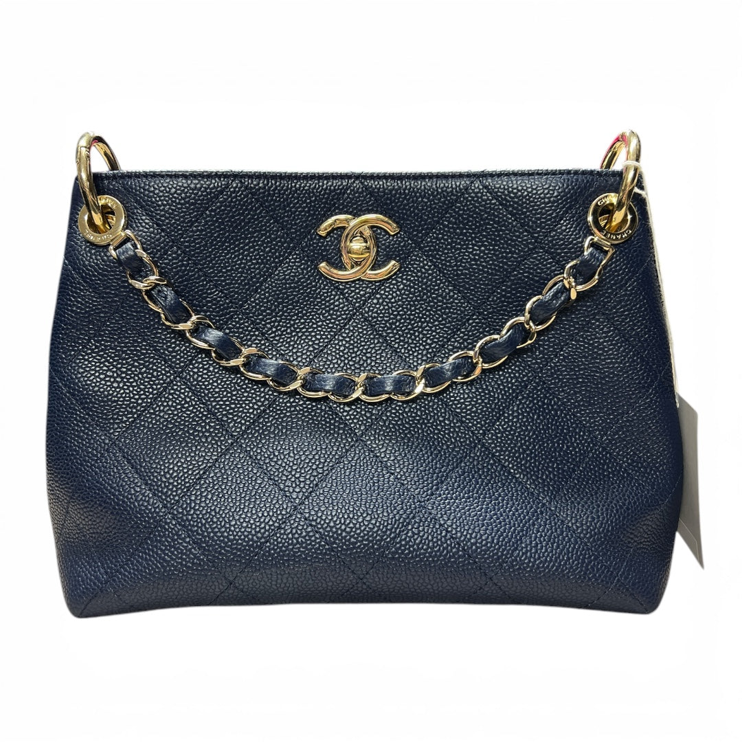 CHANEL Caviar In The Loop Shoulder Bag Navy Gold Hardware CH2113