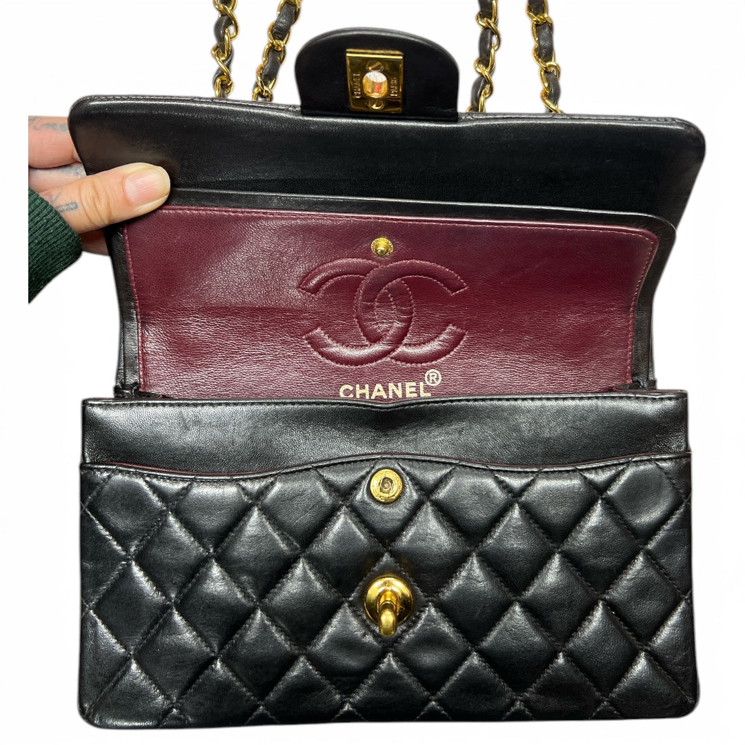CHANEL Lambskin Classic Double Flap Shoulder Bag Black Gold Hardware CH2112