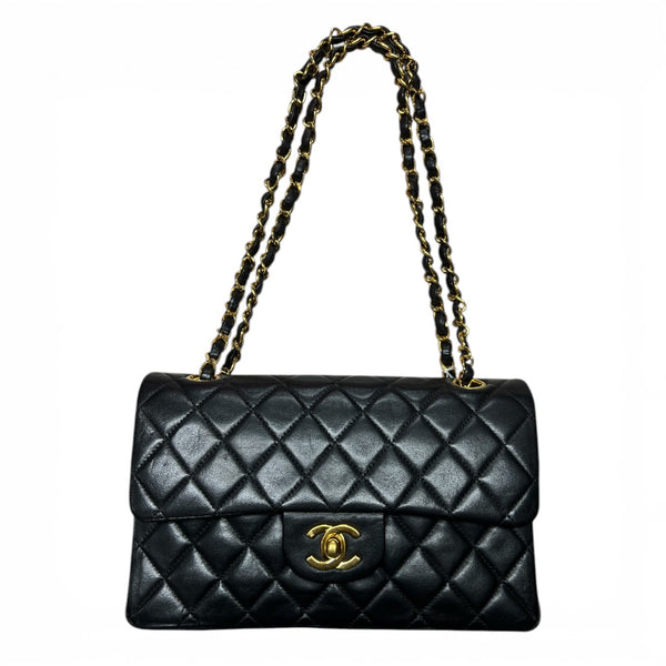 CHANEL Lambskin Classic Double Flap Shoulder Bag Black Gold Hardware CH2112