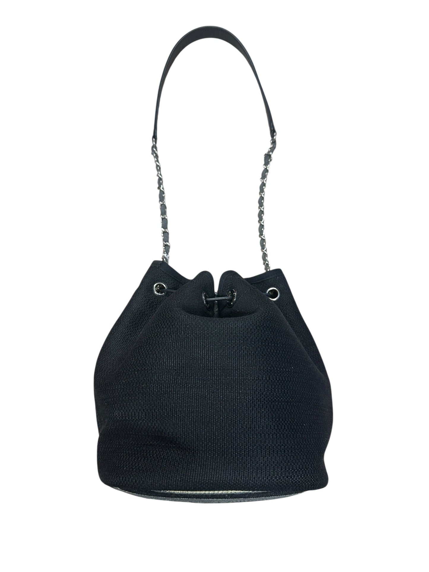 CHANEL Deauville Drawstring Bucket Bag Black Silver Hardware CH2123