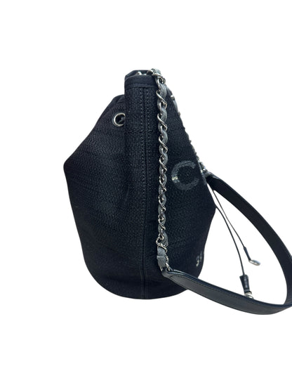 CHANEL Deauville Drawstring Bucket Bag Black Silver Hardware CH2123