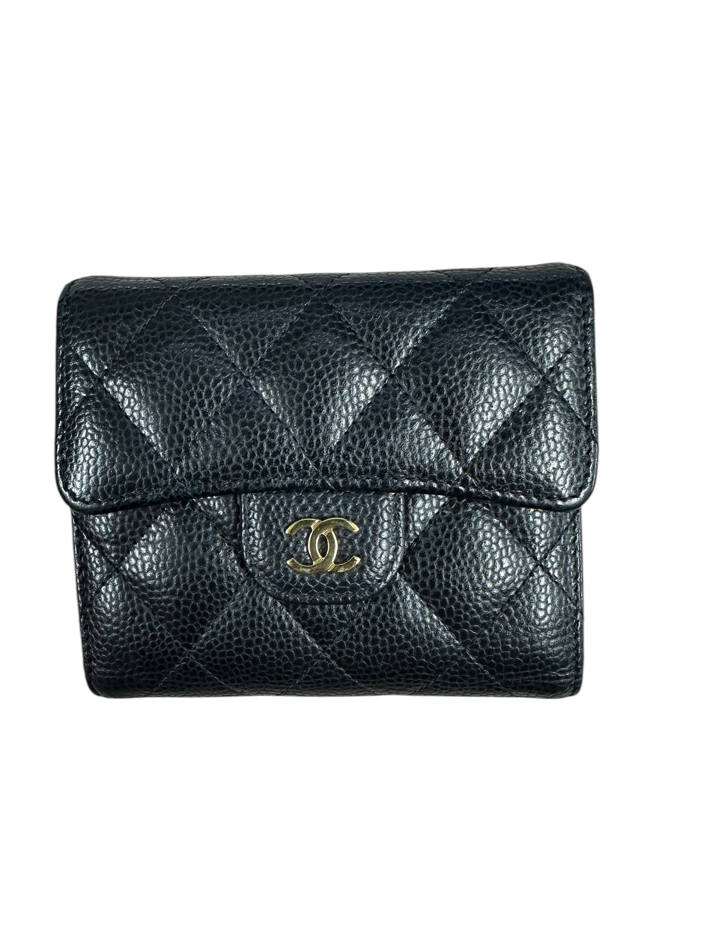 CHANEL Caviar Quilted Compact Wallet Black Gold Hardware CH2125