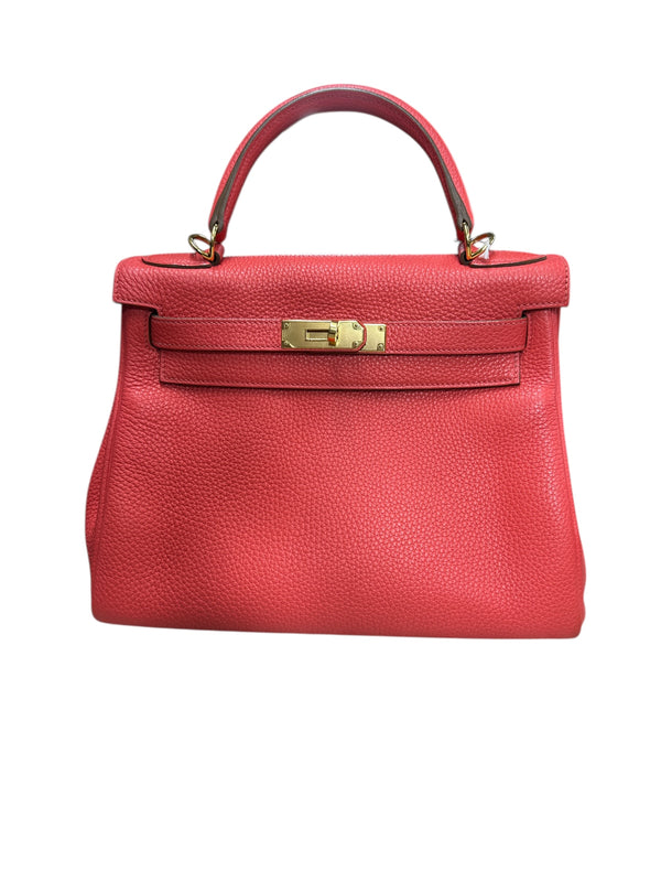 HERMES Togo Leather Kelly Handbag Red Gold Hardware HE427