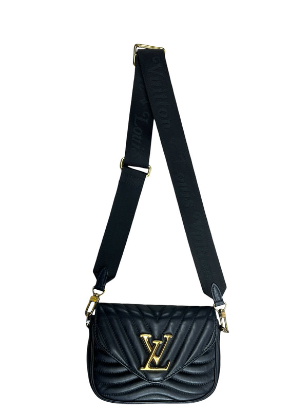 LOUIS VUITTON Quilted Leather New Wave Crossbody Bag Black Gold Hardware LO2293
