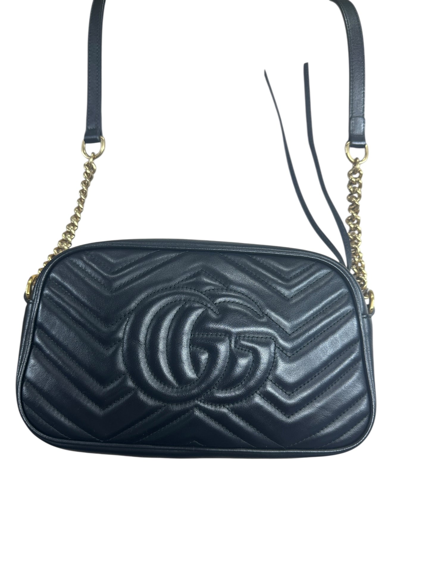 GUCCI Matelassé Leather GG Marmont Crossbody Bag Black Gold Hardware GU574