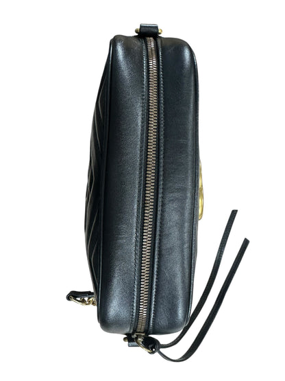 GUCCI Matelassé Leather GG Marmont Crossbody Bag Black Gold Hardware GU574